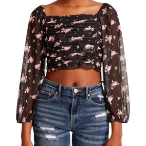 Madden Girl  Floral-Print Peasant Top With Mask, Black Ruched Size XXL NWT